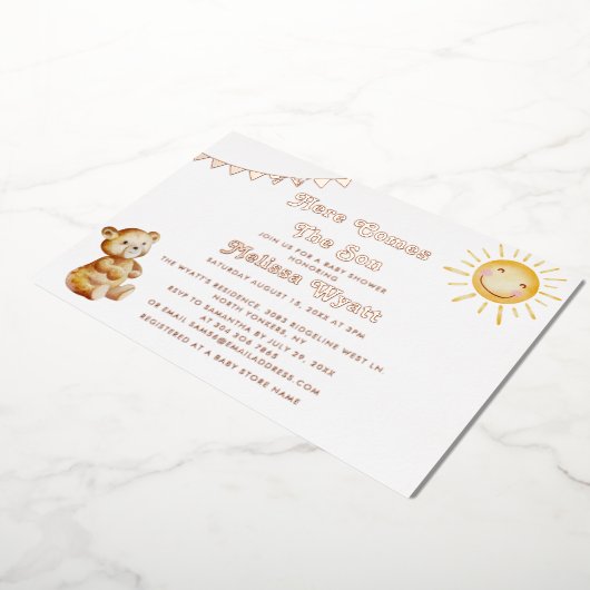 ここ来で息子ベー男の子ベビシャワーバラ金ゴールド 箔招待状 (回転した状態)