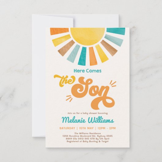 ここ来で息子レトロサン男の子ベビースシャワー 招待状 (正面)