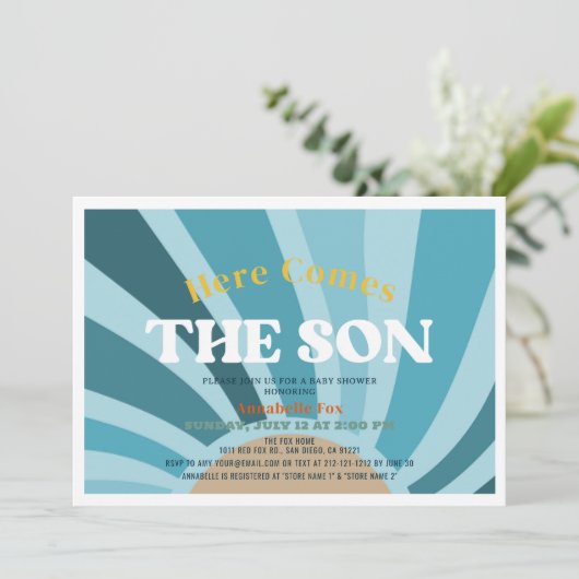 ここ来で息子レトロ男の子のシャワー 招待状 (スタンド正面)