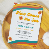 ここ来で息子レトロ男の子のシャワー 招待状