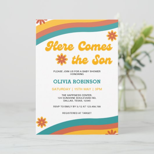 ここ来で息子レトロ男の子のシャワー 招待状 (スタンド正面)