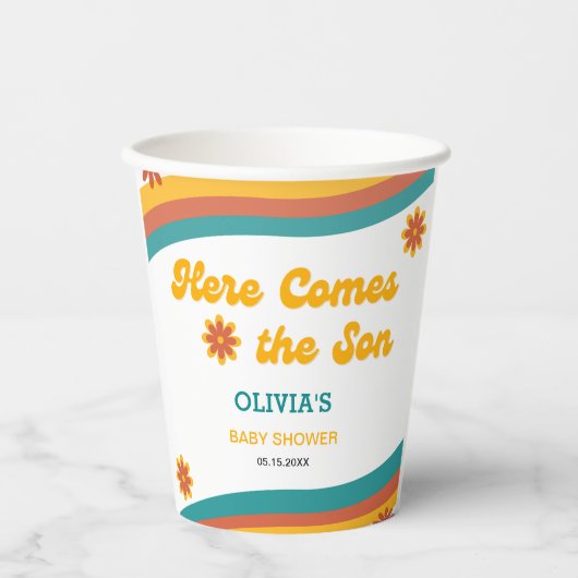 ここ来で息子レトロ男の子のシャワー 紙コップ (正面)