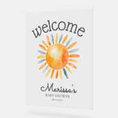 ここ来で息子男の赤ちゃんシャワー歓迎 アクリルサイン (傾斜)