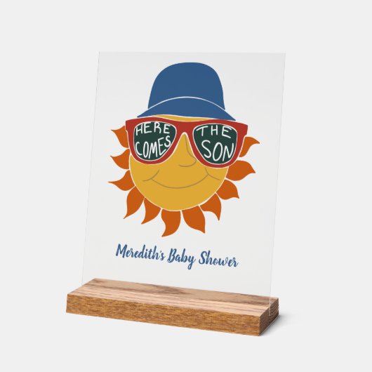 ここ来で息子男の赤ちゃんシャワー アクリルサイン (傾斜)