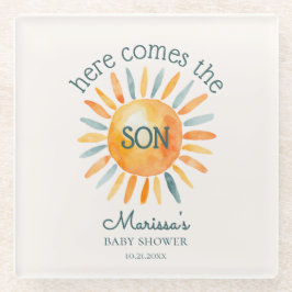 ここ来で息子男の赤ちゃんシャワー ガラスコースター