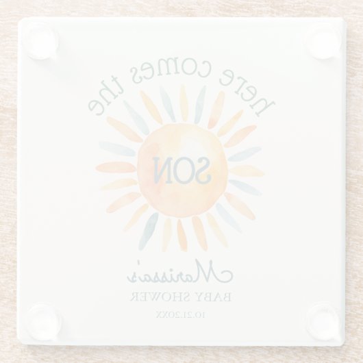 ここ来で息子男の赤ちゃんシャワー ガラスコースター (裏面)