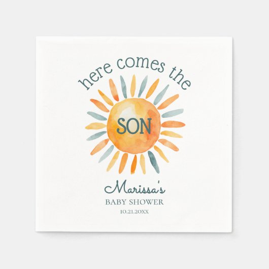 ここ来で息子男の赤ちゃんシャワー スタンダードカクテルナプキン (正面)