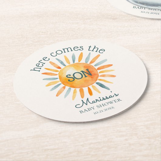 ここ来で息子男の赤ちゃんシャワー ラウンドペーパーコースター (アングル)