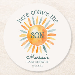 ここ来で息子男の赤ちゃんシャワー ラウンドペーパーコースター