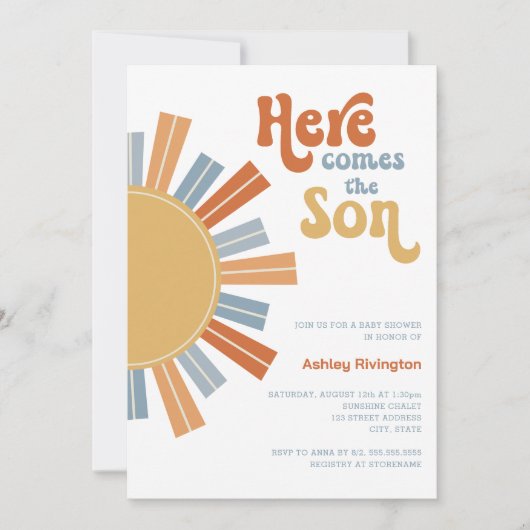 ここ来で息子男の赤ちゃんシャワー 招待状 (正面)