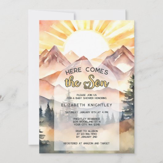 ここ来で息子自然山の男の子の赤ちゃんシャワー 招待状 (正面)