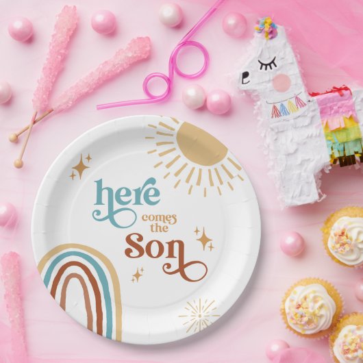 ここ来で男の子の赤ちゃんシャワー ペーパープレート (パーティー)