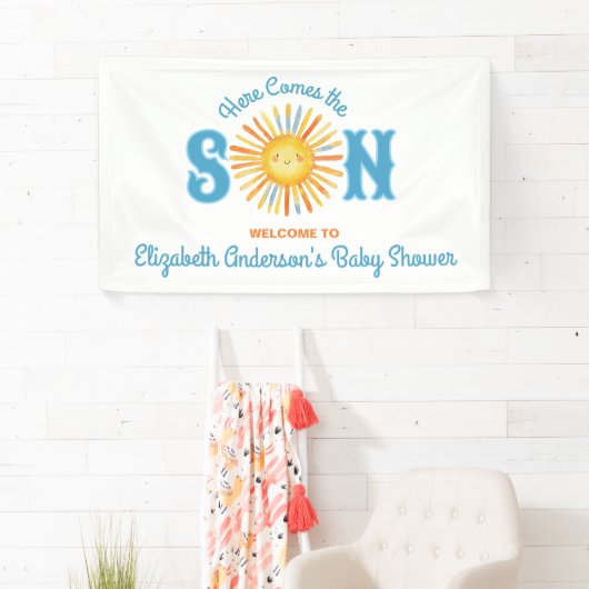 ここ来で男の子の赤ちゃんシャワー 横断幕 (インサイチュ)