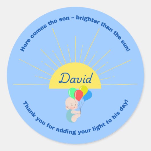 ここ来で男の子の赤ん坊シャワーのステッカー ラウンドシール (正面)