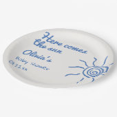 ここ来で青い手で赤ちゃんシャワーを引いた ペーパープレート (アングル)