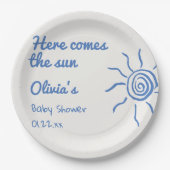 ここ来で青い手で赤ちゃんシャワーを引いた ペーパープレート (正面)