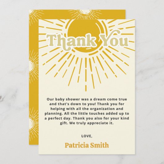 ここ来で、息子レトロな男の子のシャワー サンキューカード (正面/裏面)