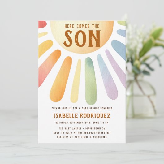 ここ来でSon Sunshine Boho Boy Baby Shower 招待状 (スタンド正面)
