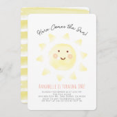 ここ来に太陽の黄色の水の色の最初の誕生日 招待状 (正面/裏面)