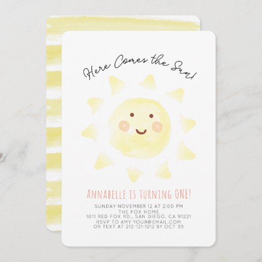 ここ来に太陽の黄色の水の色の最初の誕生日 招待状 (正面/裏面)