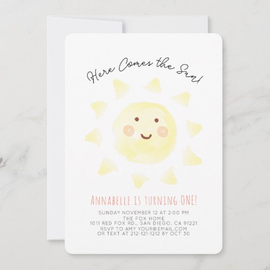 ここ来に太陽の黄色の水の色の最初の誕生日 招待状 (正面)
