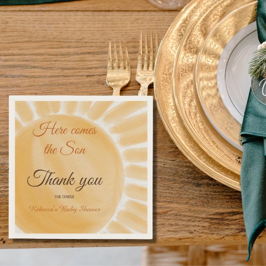 ここ来に息子のサンシャイン黄色の線の赤ちゃんシャワー スタンダードカクテルナプキン