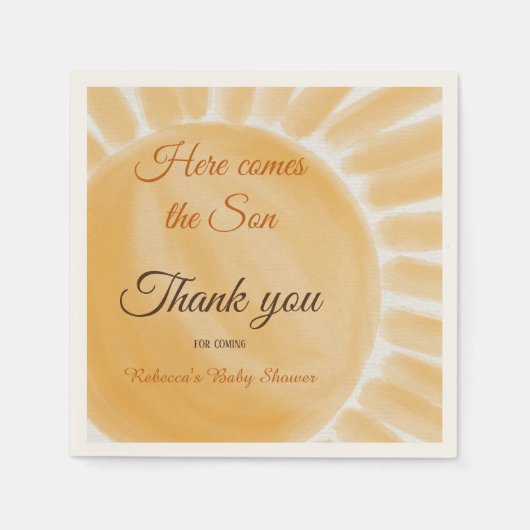 ここ来に息子のサンシャイン黄色の線の赤ちゃんシャワー スタンダードカクテルナプキン (正面)