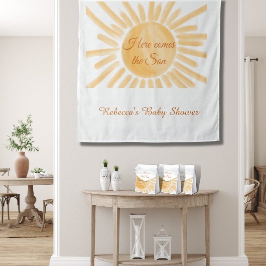 ここ来に息子のサンシャイン黄色の線の赤ちゃんシャワー タペストリー