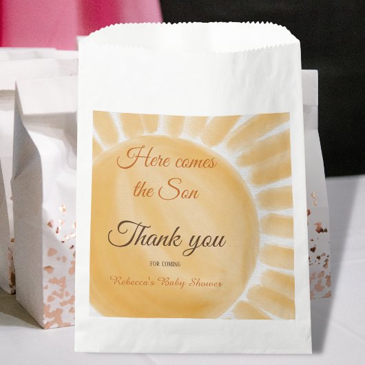 ここ来に息子のサンシャイン黄色の線の赤ちゃんシャワー フェイバーバッグ