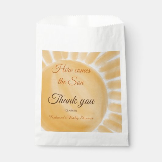 ここ来に息子のサンシャイン黄色の線の赤ちゃんシャワー フェイバーバッグ (正面)