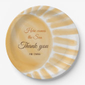 ここ来に息子のサンシャイン黄色の線の赤ちゃんシャワー ペーパープレート (正面)