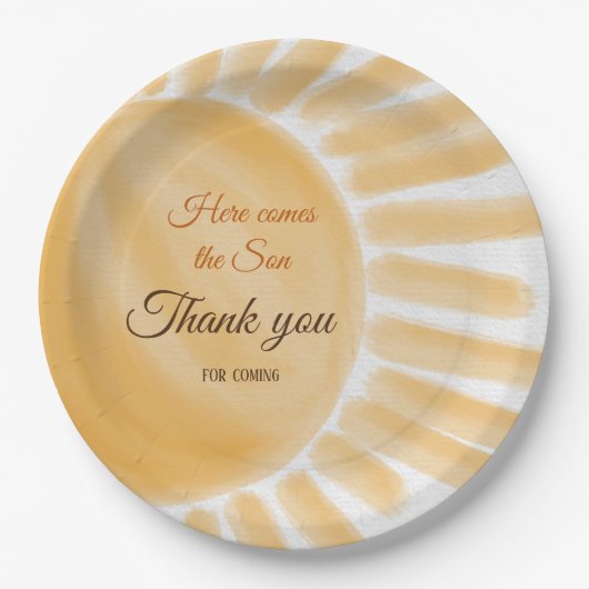 ここ来に息子のサンシャイン黄色の線の赤ちゃんシャワー ペーパープレート (正面)