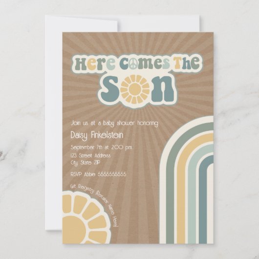 ここ来に息子のレトロヒッピー男の子の赤ちゃんシャワー 招待状 (正面)