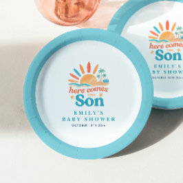 ここ来に息子のレトロ男の子のシャワー ペーパープレート