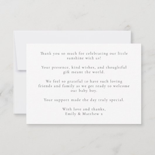 ここ来に息子の夏の男の赤ちゃんシャワー サンキューカード (裏面)