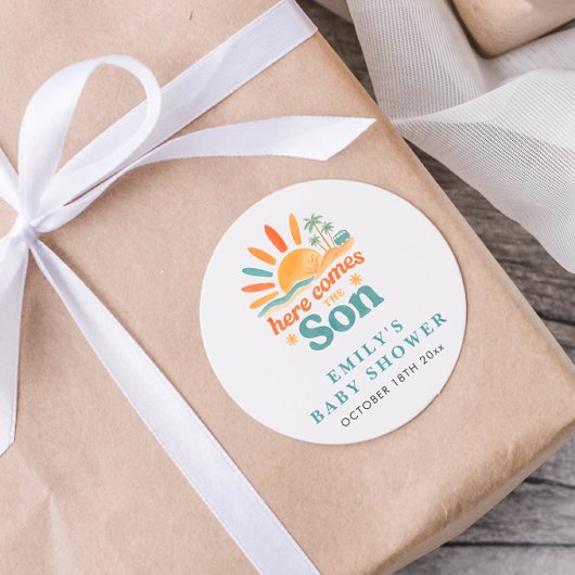ここ来に息子の夏の男の赤ちゃんシャワー ラウンドシール