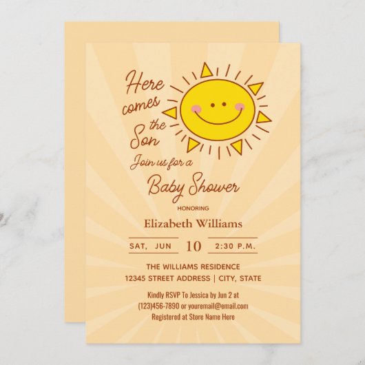 ここ来に息子の小さなサンシャイン男の子のシャワー 招待状 (正面/裏面)
