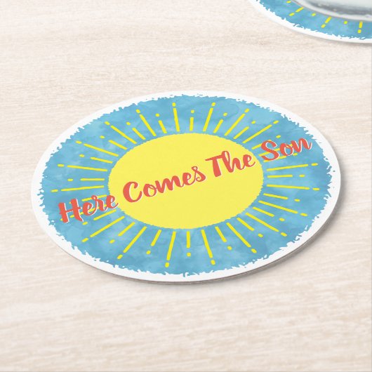 ここ来に息子の水の色の赤ちゃんシャワーカスタム ラウンドペーパーコースター (アングル)