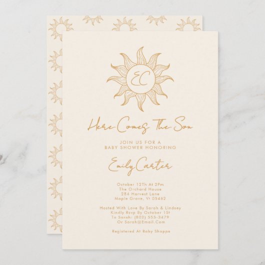 ここ来に息子の男の子の太陽の赤ん坊シャワー 招待状 (正面/裏面)