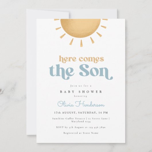 ここ来に息子の男の子の赤ちゃんシャワー招待状 招待状 (正面)