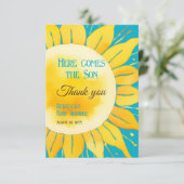 ここ来に息子の男の子ブルーサンシャイン赤ん坊シャワー サンキューカード (スタンド正面)