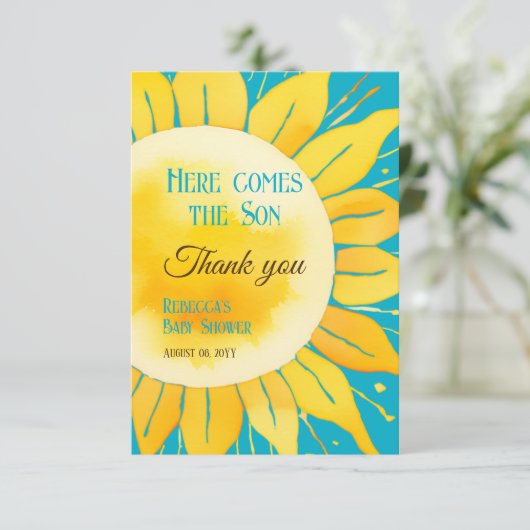 ここ来に息子の男の子ブルーサンシャイン赤ん坊シャワー サンキューカード (スタンド正面)