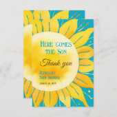 ここ来に息子の男の子ブルーサンシャイン赤ん坊シャワー サンキューカード (正面/裏面)