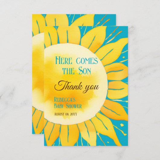 ここ来に息子の男の子ブルーサンシャイン赤ん坊シャワー サンキューカード (正面/裏面)