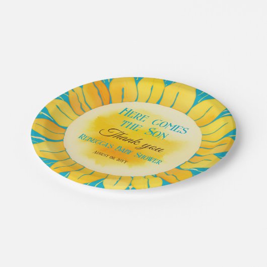 ここ来に息子の男の子ブルーサンシャイン赤ん坊シャワー ペーパープレート (アングル)