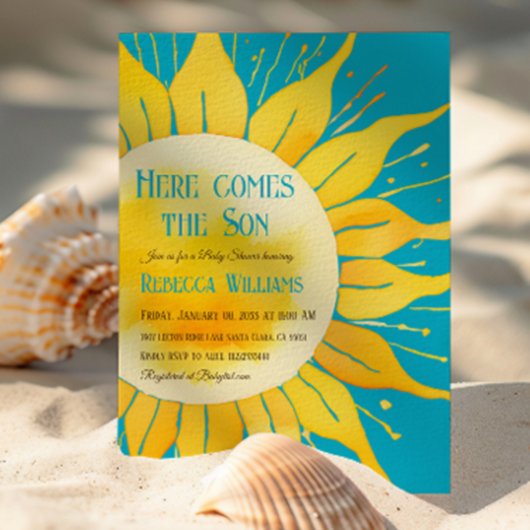 ここ来に息子の男の子ブルーサンシャイン赤ん坊シャワー 招待状