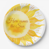 ここ来に息子の黄色の太陽の赤ん坊シャワー ペーパープレート (正面)
