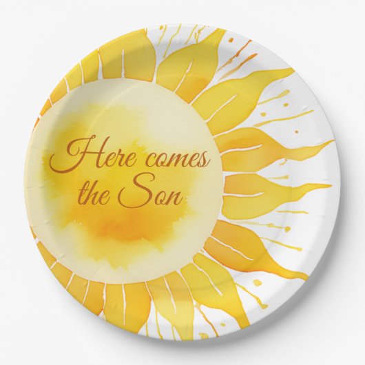 ここ来に息子の黄色の太陽の赤ん坊シャワー ペーパープレート (正面)