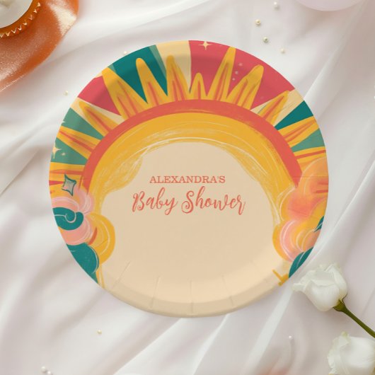 ここ来に息子の黄色の太陽の赤ん坊シャワー ペーパープレート