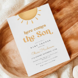 ここ来に息子の黄色の赤ん坊シャワー招待状 招待状